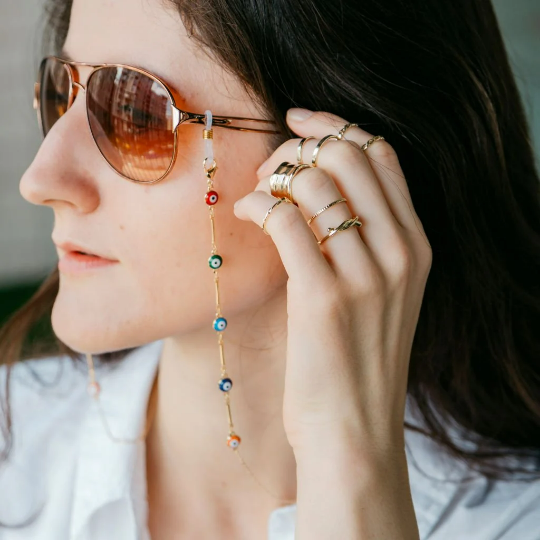 Gold Colourful Evil Eyeglass Chain And Reading Glass Detachable Chain Holder (Close-up Detail) | The Colourful Aura