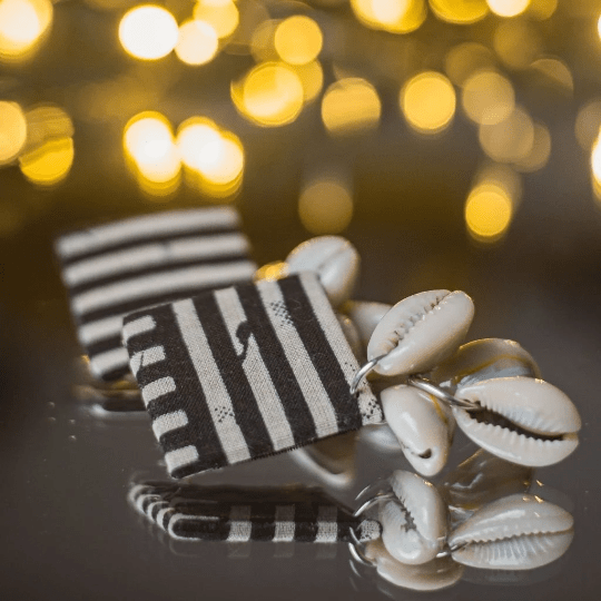 Large Black Handmade Square Stripe Fabric White Cowrie Jhumka Asian Earrings