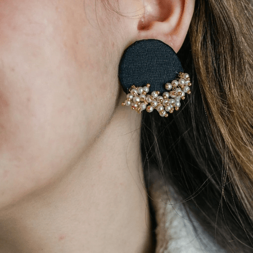 Black Pearl Handmade Round Fabric Earrings