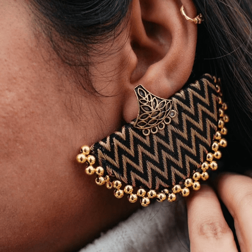 Black Gold Pearl Handmade Half Disc Fabric Earrings
