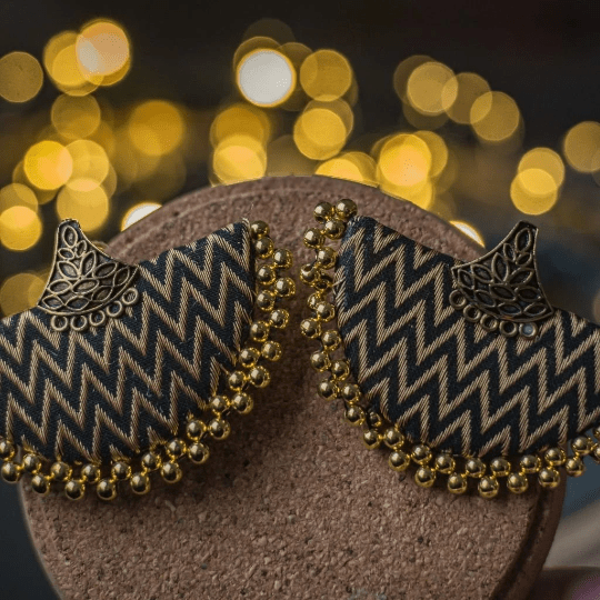 Black Gold Pearl Semicircle Handmade Half Disc Printed Fabric Asian Stud Earring