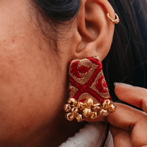 Small Red Handmade Printed Fabric Ghungroo Asian Boho Jhumka Stud Earrings