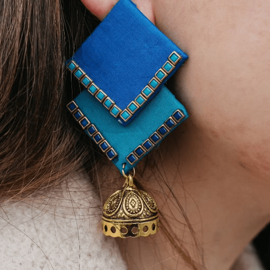 Large Blue Handmade Square Fabric Bell Temple Asian Jhumka Fabric Earring