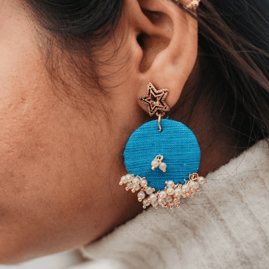 Blue Handmade Round Fabric Earrings