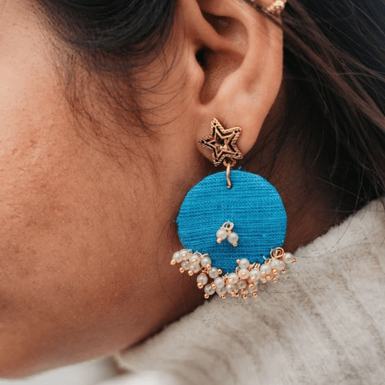 Blue Handmade Round Plain Poth White Pearl Fabric Boho Asian Indian Earrings — Boho Jewellery UK | The Colourful Aura