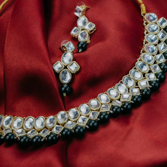 White Mirror Green Stone Asian Ethnic Kundan Indian Victorian Choker Necklace
