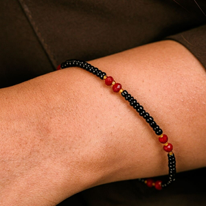 Red Multicolour Black Silver Beaded Indian Nazar Magalsutra Everyday Bracelet (Close-up Detail) | The Colourful Aura