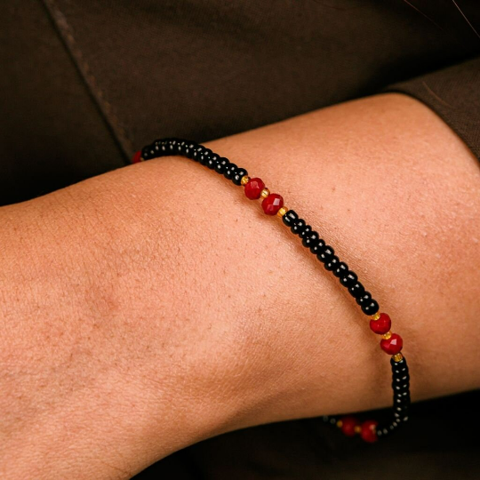 Red Multicolour Black Silver Beaded Indian Nazar Magalsutra Everyday Bracelet (Close-up Detail) | The Colourful Aura