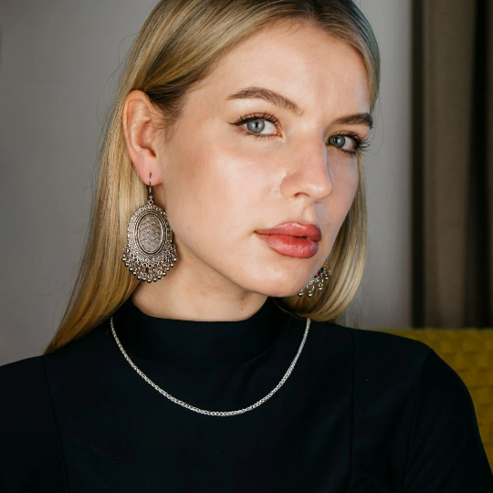 Silver Victorian Mirror Oval Dangle Oxidised Boho Ghungroo Drop Ethnic Earring