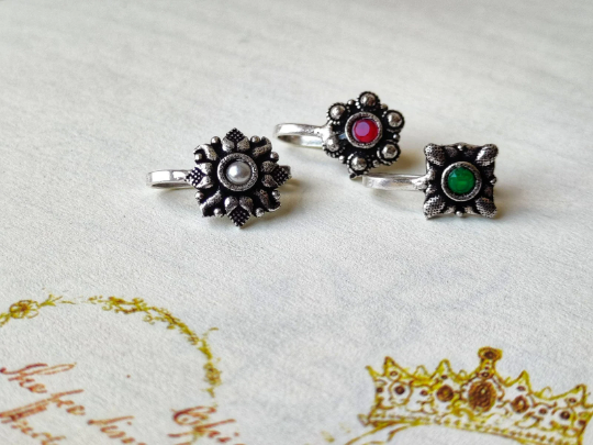 German Silver Multicolour Stone Transitional Clip On Non Pierced Nose Ring
