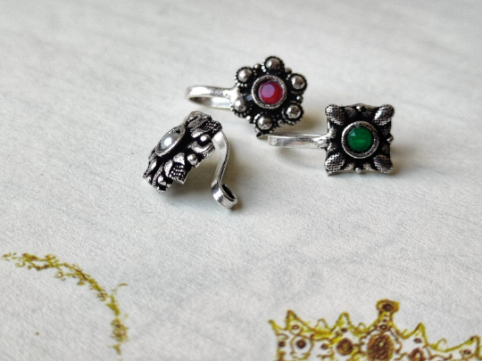 German Silver Multicolour Stone Transitional Clip On Non Pierced Nose Ring