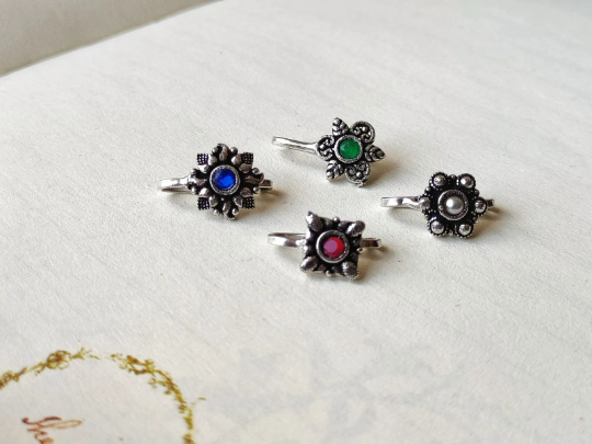 German Silver Multicolour Stone Transitional Clip On Non Pierced Nose Ring