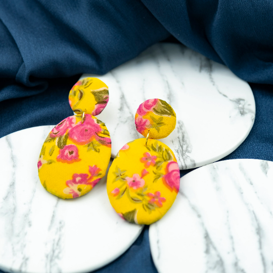 Large Yellow Printed Handmade Oval Fabric Boho Asian Indian Jhumka Earrings