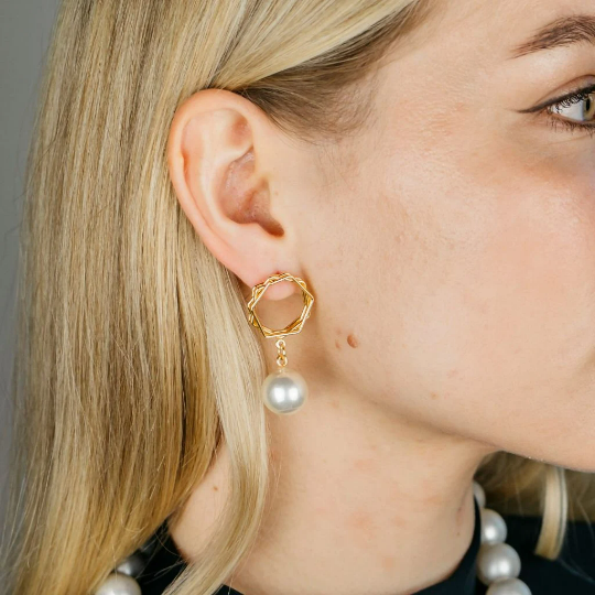 Gold Hexagon Freshwater Single White Large Pearl Dainty Drop Dangle Stud Earring