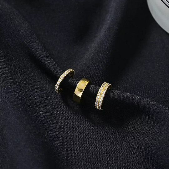 3 Piece Gold Zircon Slim Non Piercing Adjustable Ear Cuff Band