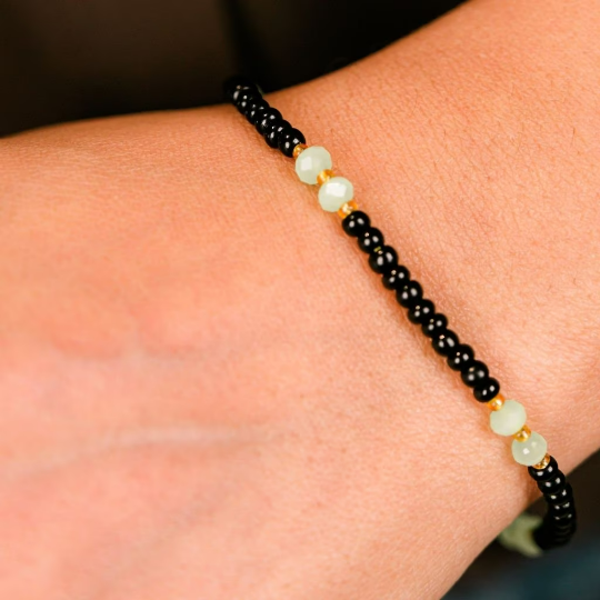 Multicolour Black Silver Beaded Indian Nazar Magalsutra Everyday Bracelet (Close-up Detail) | The Colourful Aura