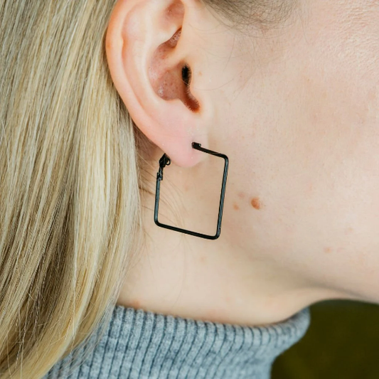 Black Small Thin Dainty Bar Threader Large Square Geometric Hoop Earrings