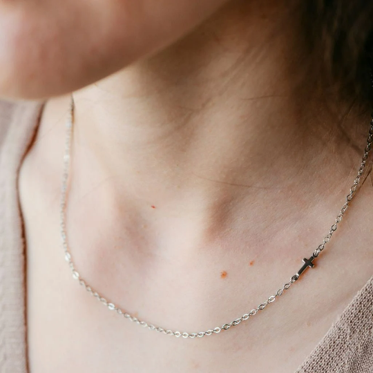 Silver and Gold Sideways Dainty Cross Minimalist Choker Necklace