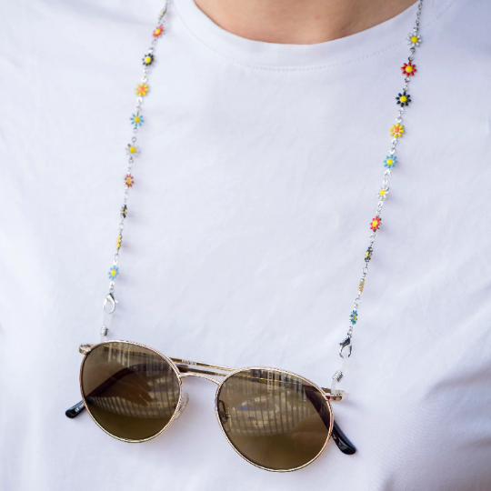 Silver Multicolour Sun Flower Daisy Sun Glass Reading Eyewear Holder Lanyard (Close-up Detail) | The Colourful Aura