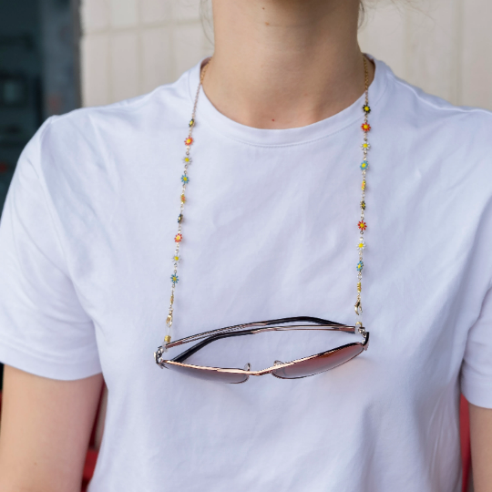 Gold Multicolour Sun Flower Daisy Sun Glass Reading Eyewear Holder Lanyard Chain (Close-up Detail) | The Colourful Aura