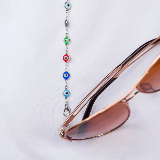 Silver Multicolour Evil Eye Protection Sun Glass Reading Eyeglass Chain Lanyard (Close-up Detail) | The Colourful Aura