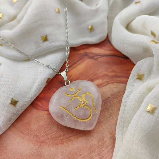 Real Rose Quartz Crystal OM Carved Heart Shape Natural Stone Pendant Necklace