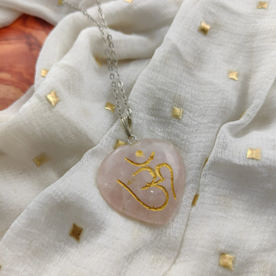 Real Rose Quartz Crystal OM Carved Heart Shape Natural Stone Pendant Necklace