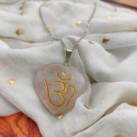 Real Rose Quartz Crystal OM Carved Heart Shape Natural Stone Pendant Necklace