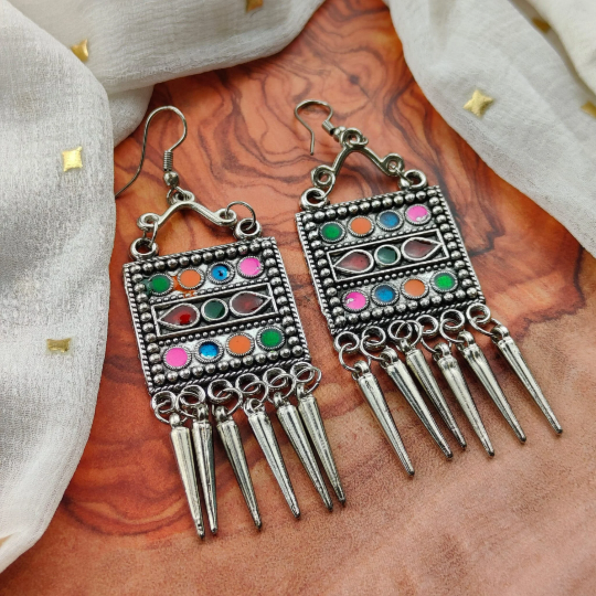 Oxidised Colourful Enamel Square Indian Boho  Drop Ethnic Asian Indian Earrings