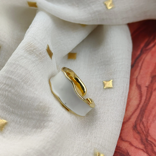 Adjustable Wide Gold Band Chunky White Enamel Cuff Ring