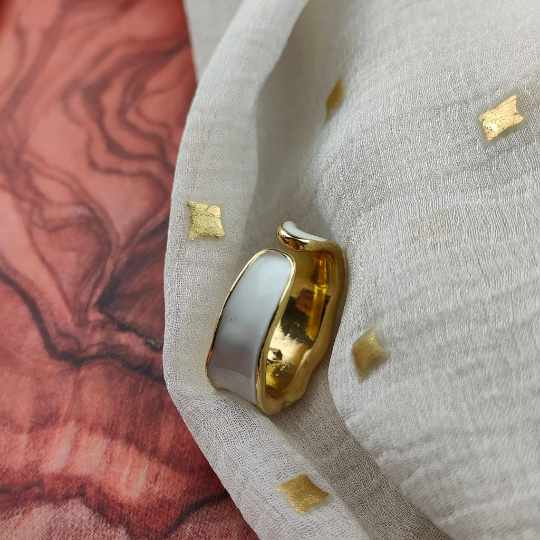 Adjustable Wide Gold Band Chunky White Enamel Cuff Ring