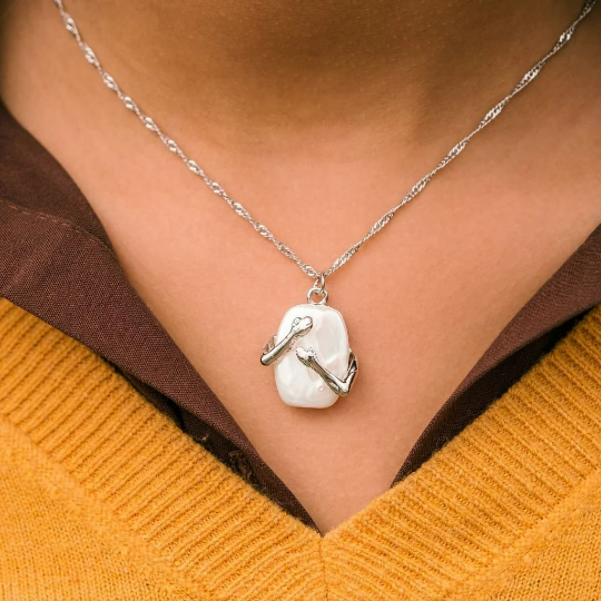 Two Hands Love Hugging White Stone Square Pearl Pendant Necklace