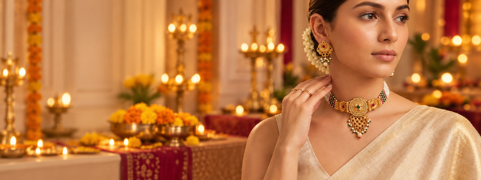 Model wearing gold-tone Kundan-style festive necklace and earrings